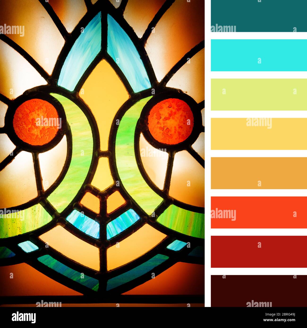https://c8.alamy.com/comp/2BRG49J/art-deco-styles-stained-glass-detail-in-a-colour-palette-with-complimentary-colour-swatches-2BRG49J.jpg
