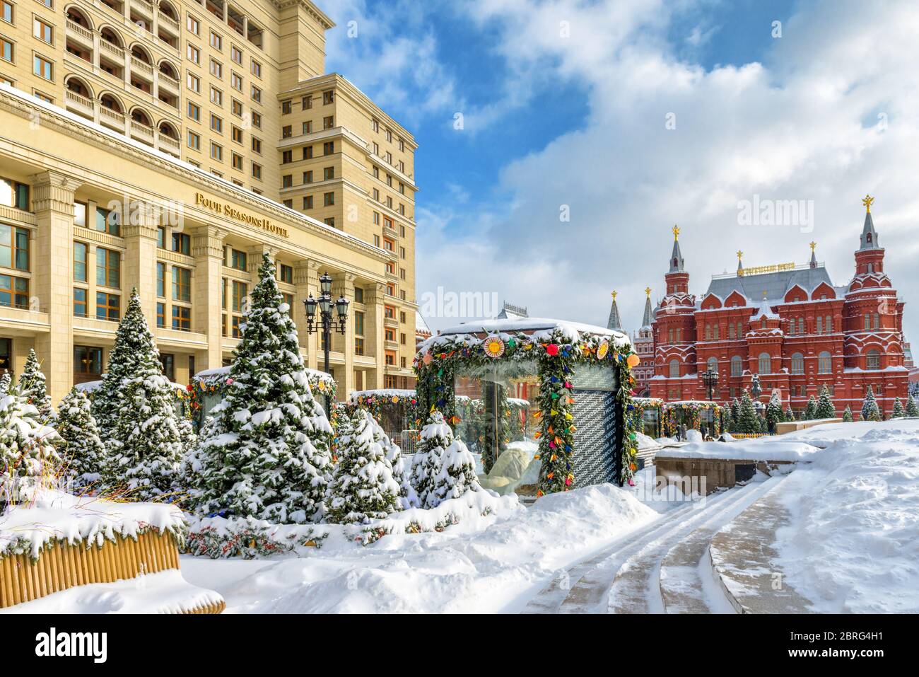Moscow, Russia - February 5, 2018: Manezhnaya or Manege Square near Moscow Kremlin in winter. Four Seasons hotel in the left. Beautiful central Moscow Stock Photo