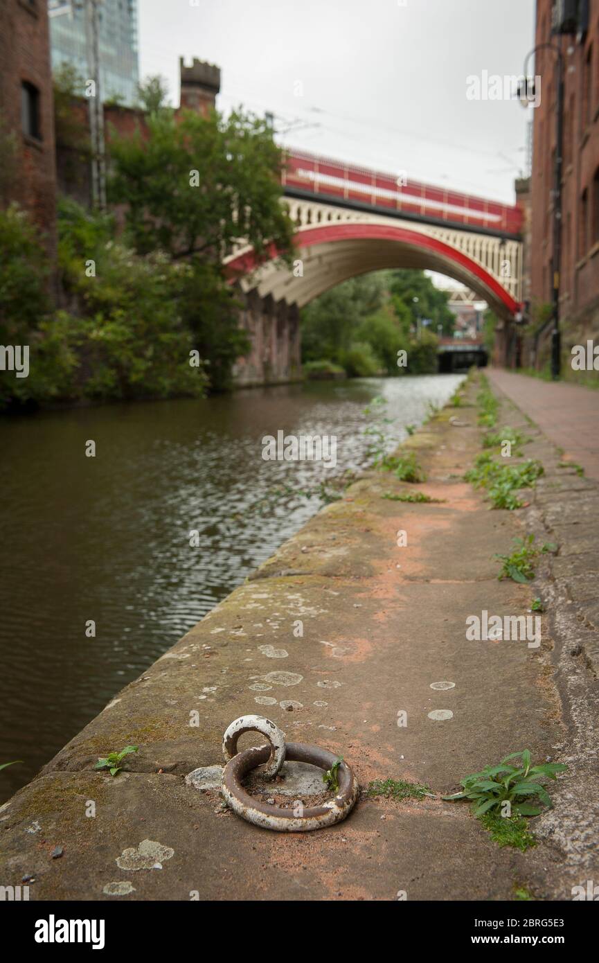 Victorian railway viaducts of the Castlefield Viaduct over the Bridgewater Canal, Manchester, England. Stock Photo