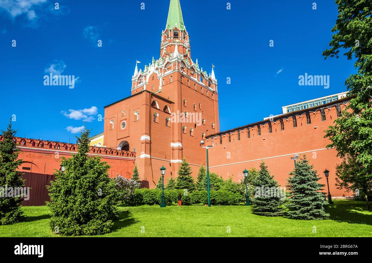 Moscow Kremlin in summer, Russia. Scenic view from Alexander Garden. Moscow Kremlin is a top landmark of city. Famous ancient monument in the Moscow c Stock Photo