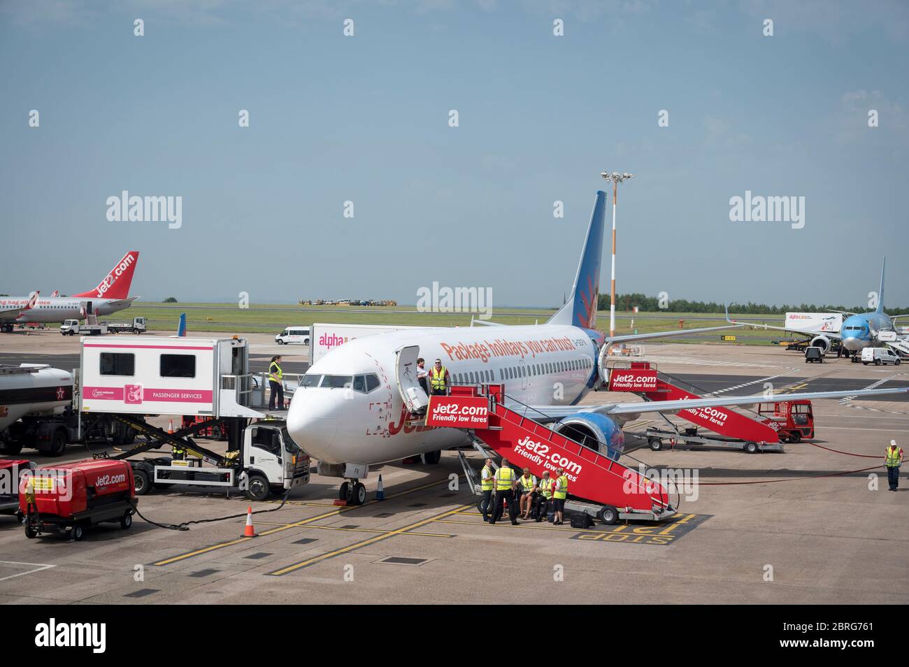 Jet 2 Boeing 737 aeoplane waiting on the apron at East Midlands Airport, Leicestershire, England. Stock Photo