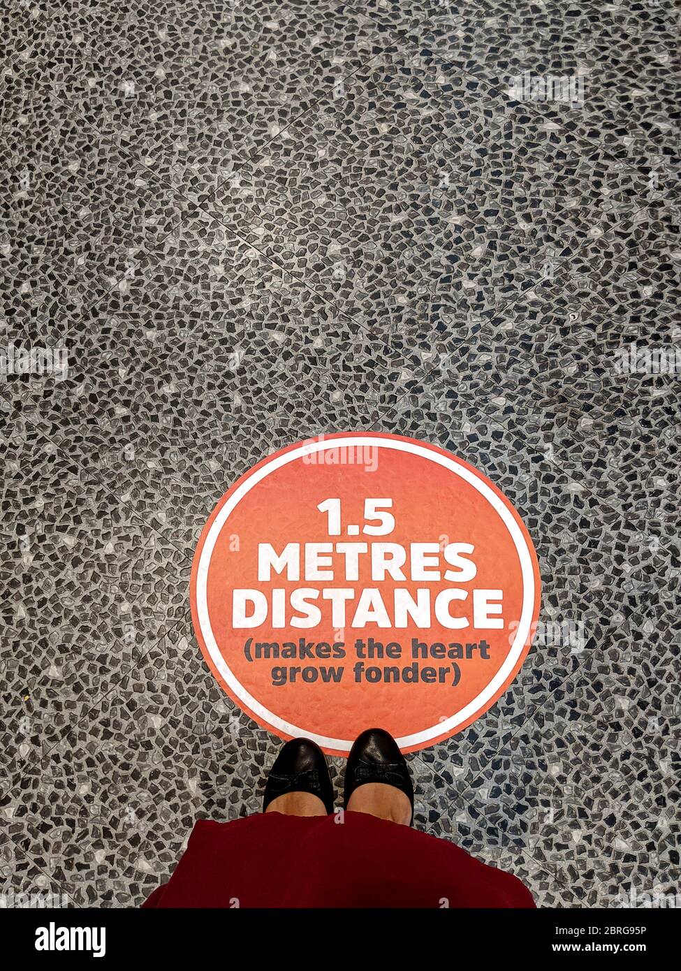 Woman S Feet Next To 1 5m Distance Sticker Fixed Over The Floor At The Shop Queue For The People To Follow Social Distancing To Avoid Infection Of Coronavirus Disease Stock Photo Alamy