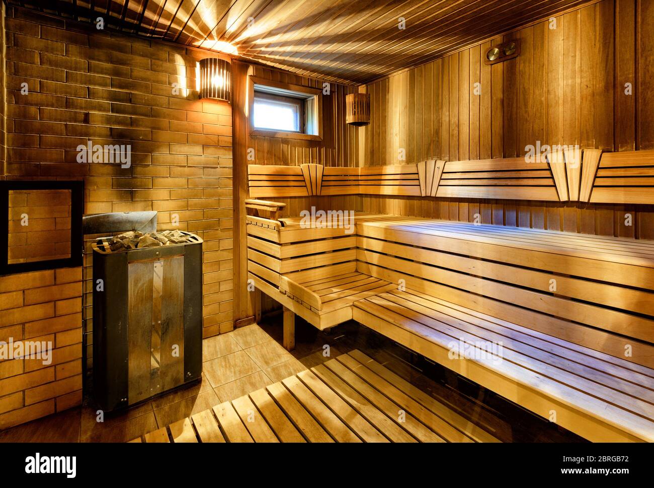 Classic wooden sauna interior in Russia Stock Photo