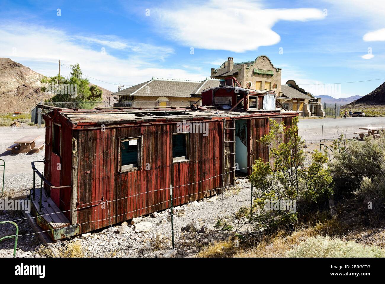 An old Union Pacific railroad car Rhyolite Ghost Town, Beatty, Nevada. Stock Photo