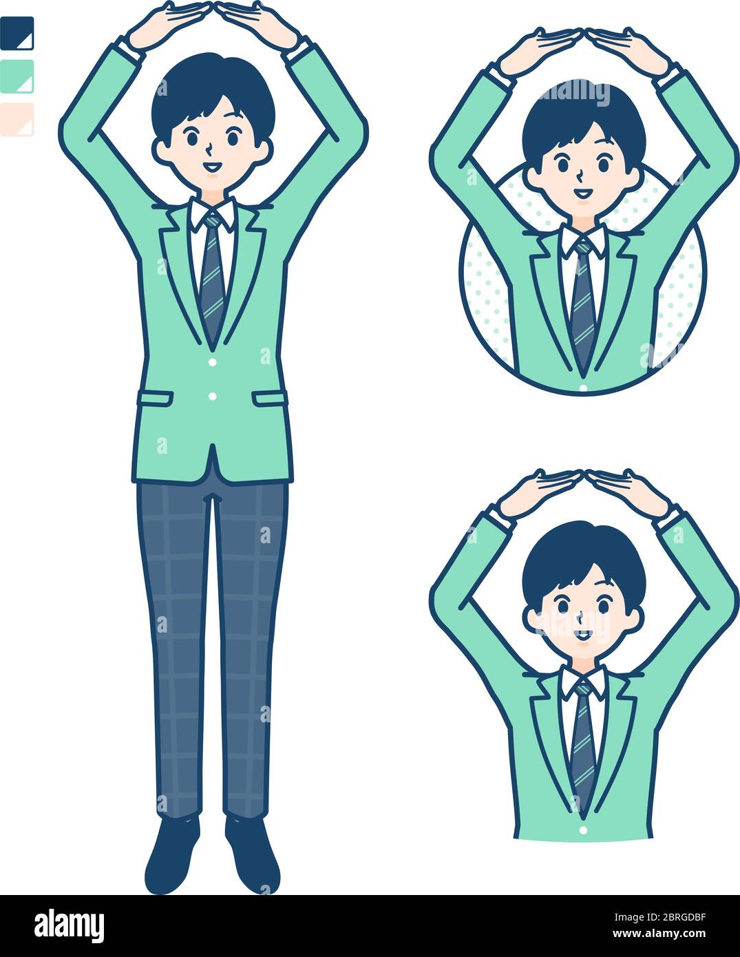 A student boy in a green blazer with Making a circle with arms images. It's vector art so it's easy to edit. Stock Vector