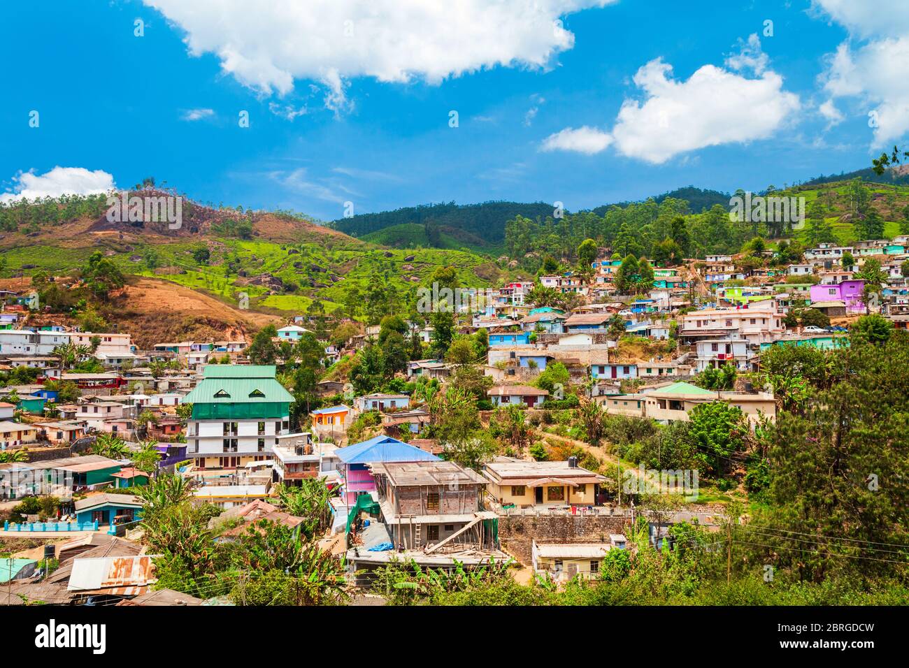 Landscape of Munnar town, surrounded with tea plantation in India Stock Photo