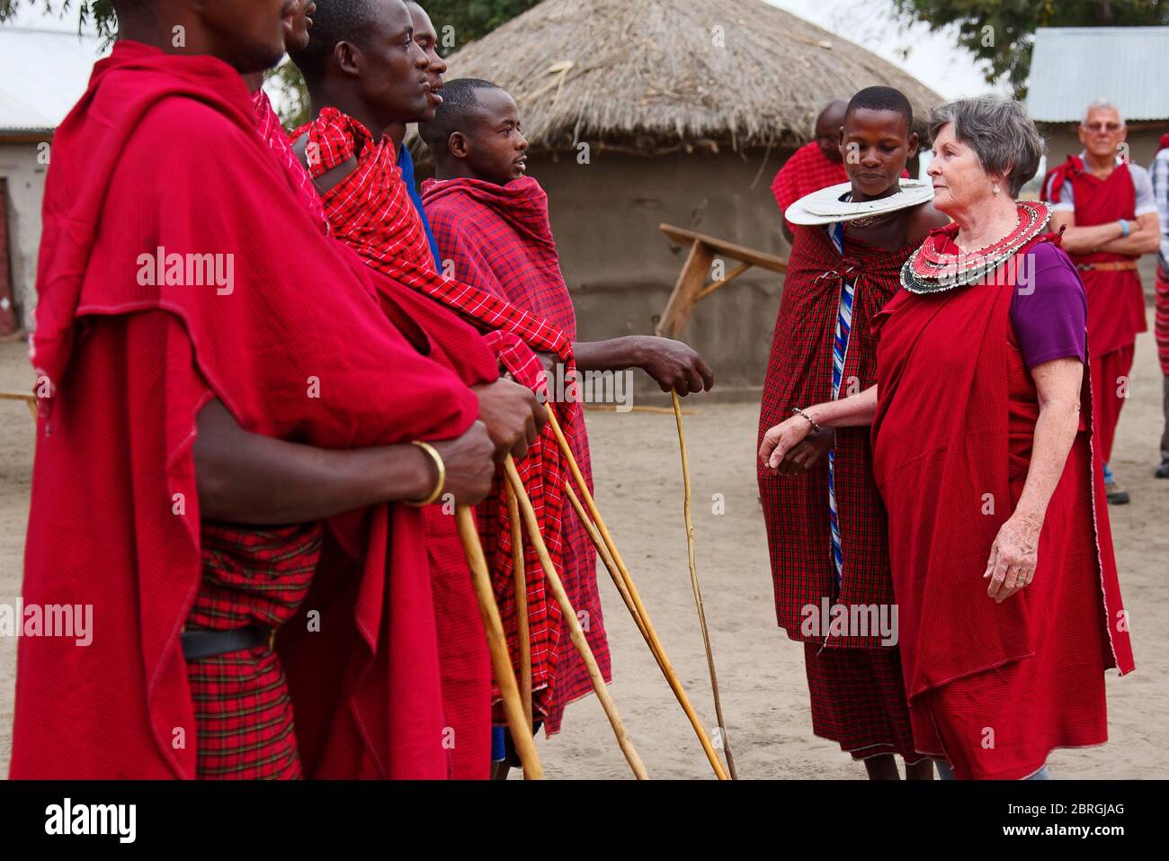 Maasai village ceremony; visiting woman presented to warriors, Maasai woman; tribal dress, red, double beaded collars, travel experience, Tanzania; Af Stock Photo