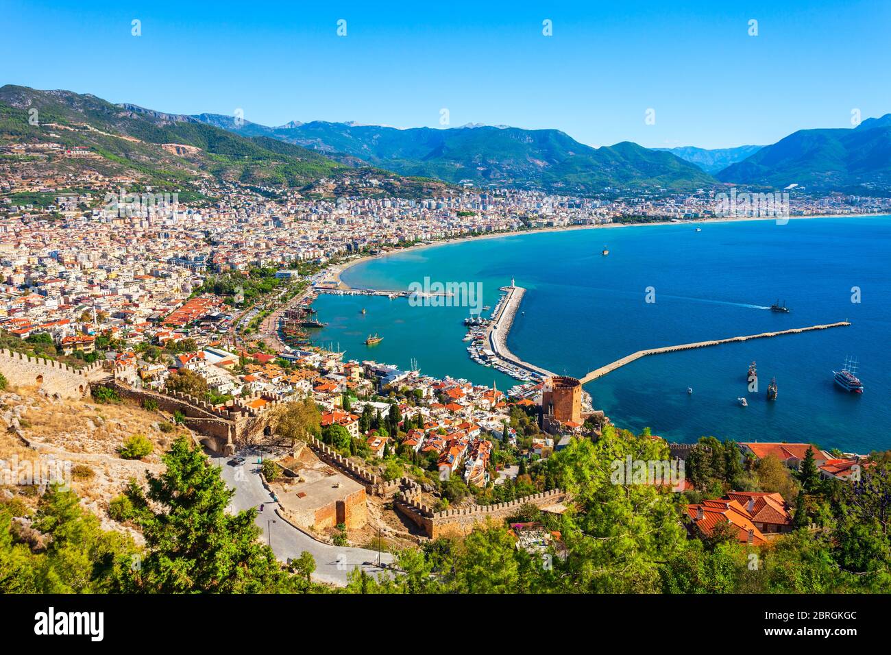 Kizil Kule Red Tower, Alanya castle and port aerial panoramic view in Alanya city, Antalya Province on the southern coast of Turkey Stock Photo