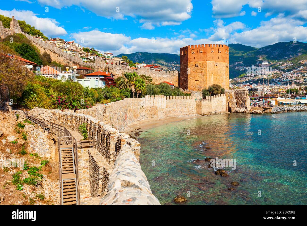Kizil Kule Red Tower, Alanya castle and port aerial panoramic view in Alanya city, Antalya Province on the southern coast of Turkey Stock Photo