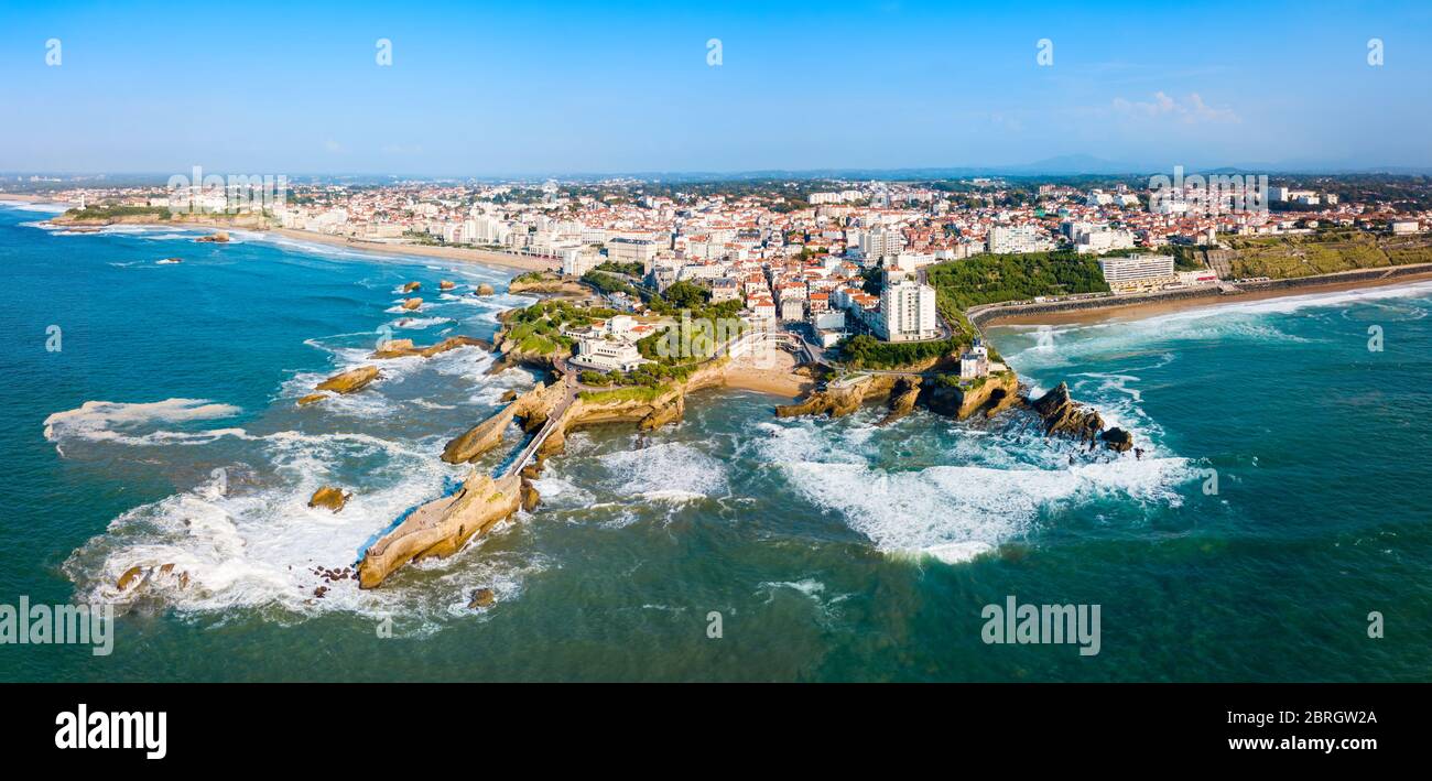 Biarritz aerial panoramic view. Biarritz is a city on the Bay of Biscay on the Atlantic coast in France. Stock Photo