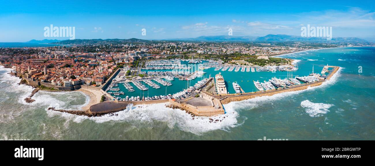 Antibes port aerial panoramic view. Antibes is a city located on the French Riviera or Cote d'Azur in France. Stock Photo