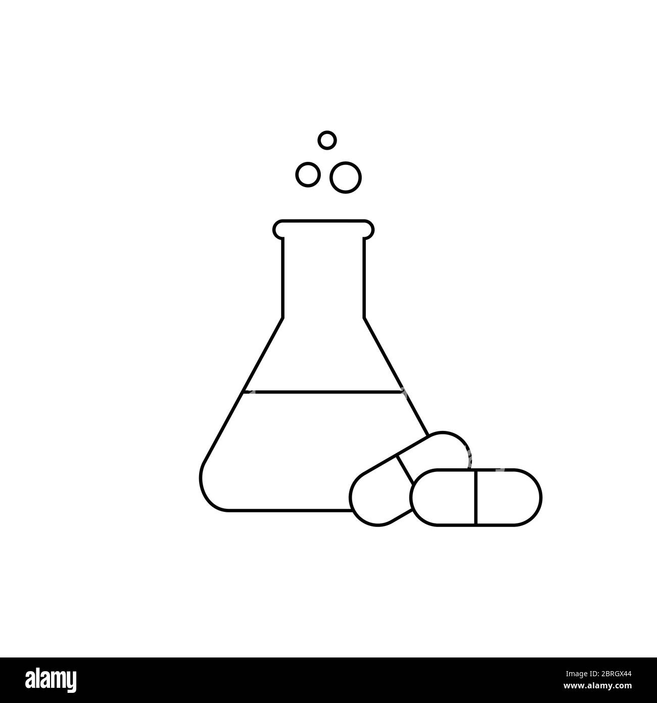 Lab flask thin line icon with two capsule pills. Pharmaceutical concept. Erlenmeyer conical flask. Chemistry science equipment. Black outline on white Stock Vector