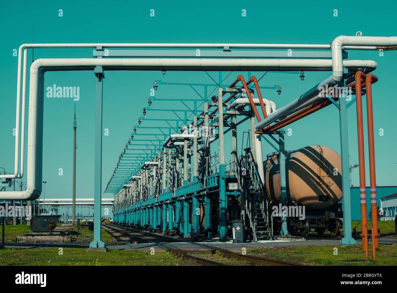 Pipeline and pipe rack of petroleum industrial plant. Offshore Industry oil and gas production