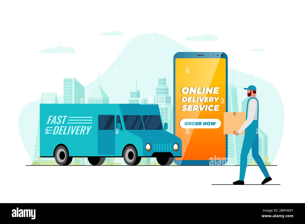 Fast delivery lorry truck ordering app concept. Smartphone with online service application and male courier with package box on city. Express cargo shipping flat vector illustration Stock Vector