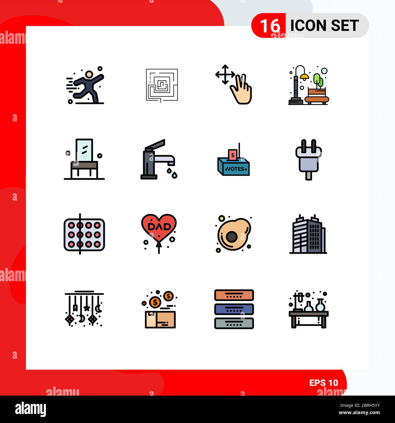 Universal Icon Symbols Group of 16 Modern Flat Color Filled Lines of chair, park, puzzel, night, city Editable Creative Vector Design Elements Stock Vector