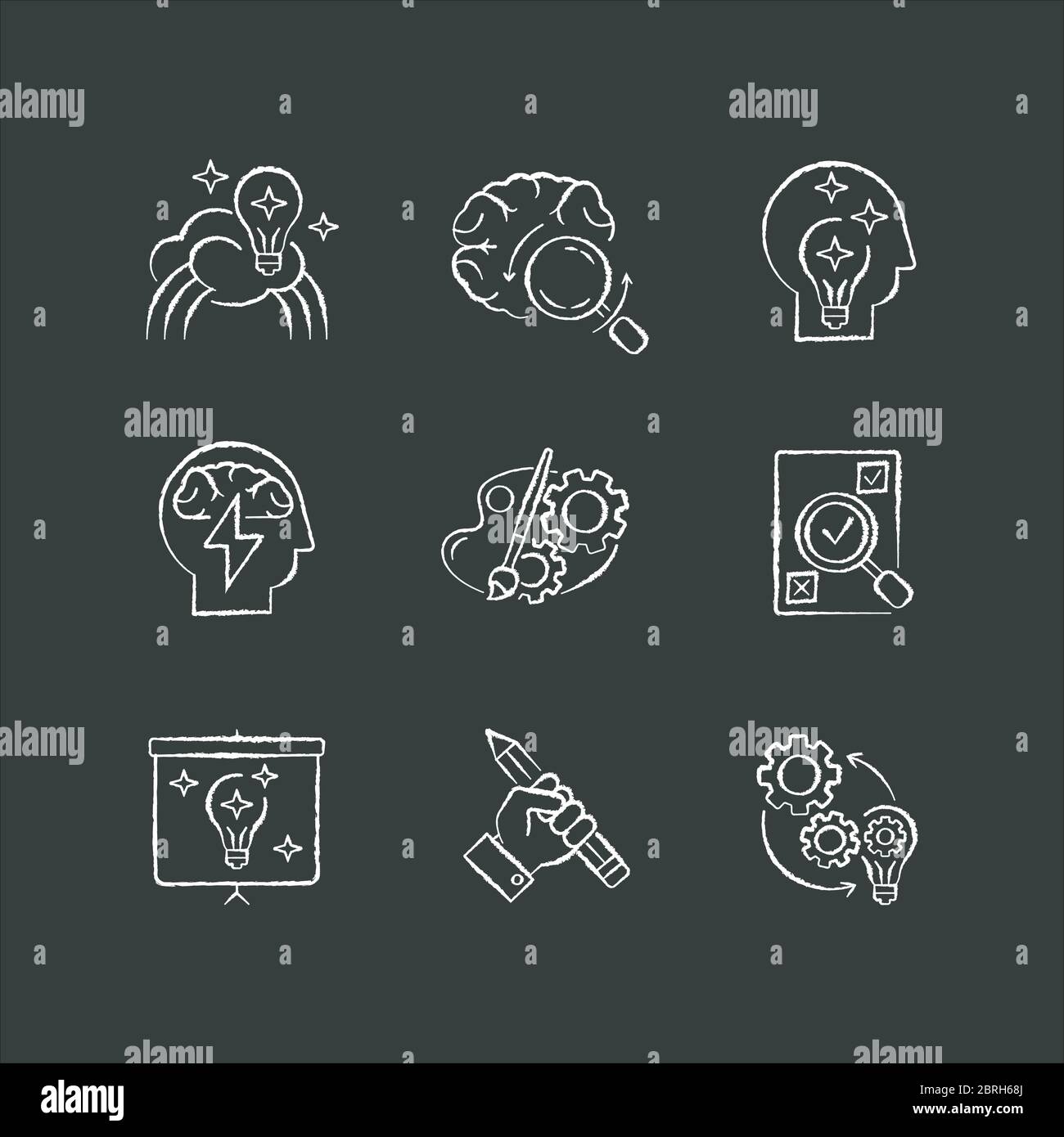 Creative mind workflow chalk white icons set on black background Stock Vector