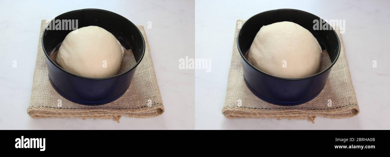 Proving Sally Lunn bread dough, before and after 30 minutes of proving