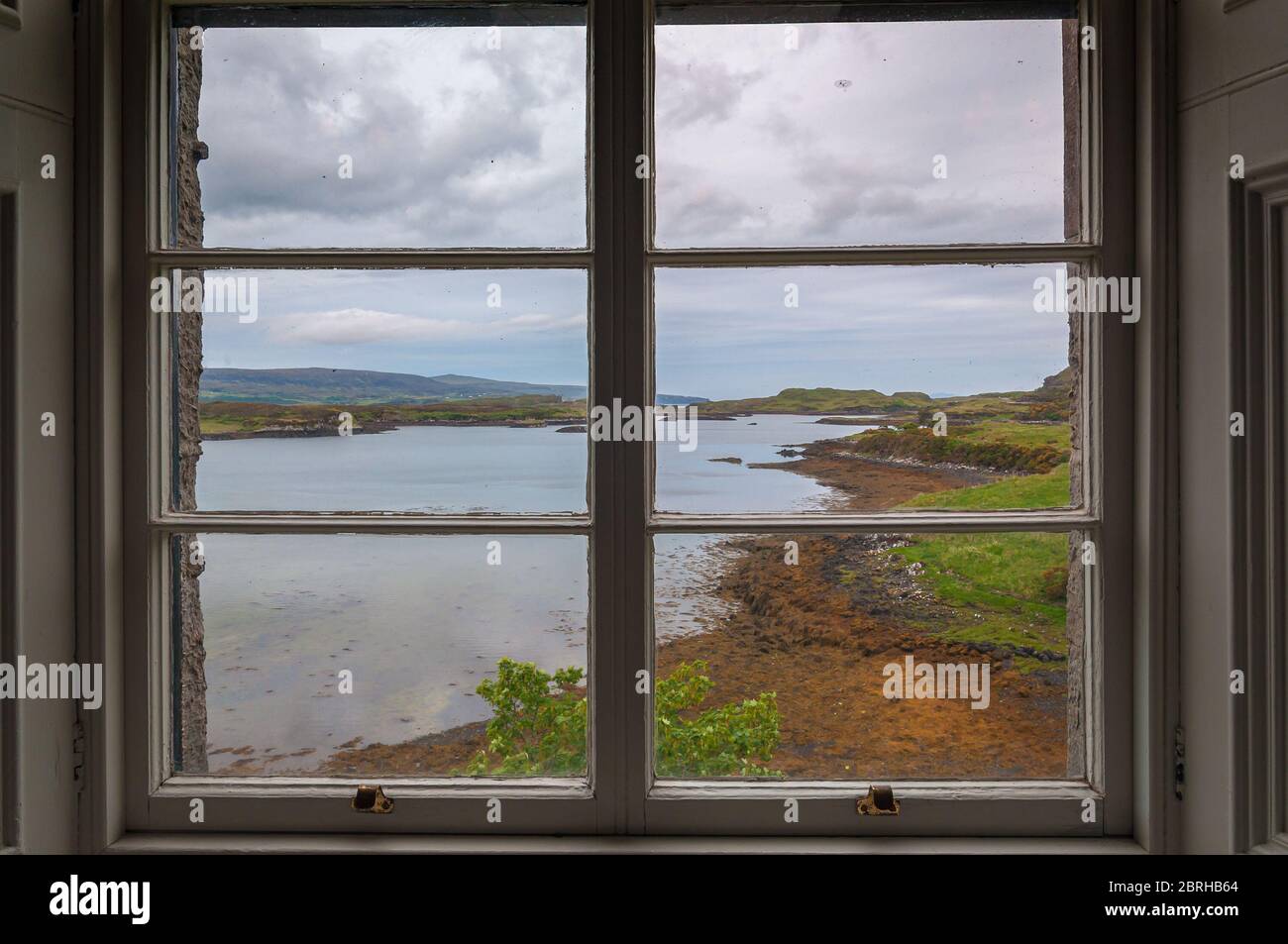Panorama of Loch Dunvegan from the window of the castle of the same name, Skye Stock Photo