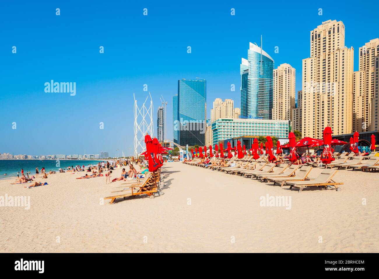 DUBAI, UAE - FEBRUARY 25, 2019: JBR or Jumeirah Beach Residence is a waterfront community located in Dubai Marina in UAE Stock Photo