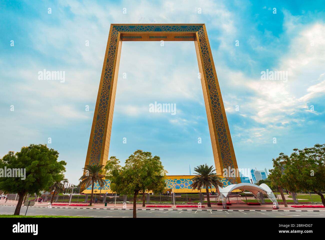 DUBAI, UAE - FEBRUARY 27, 2019: Dubai Frame is an architectural landmark located in Zabeel Park in Dubai city in UAE Stock Photo