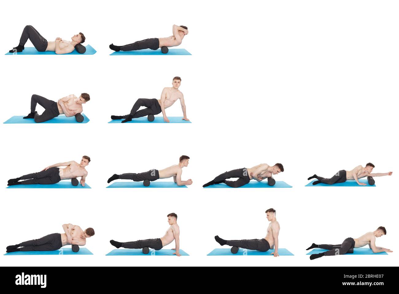 Set of 12 exercises using a foam roller for a myofascial release massage of  trigger points. Massage of the posterior thigh muscle. Isolated on white  Stock Photo - Alamy