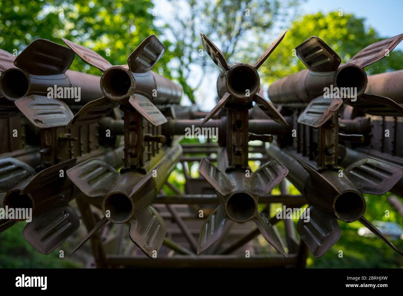 SEELOW, GERMANY - MAY 09, 2020: Tail Stabilizers of M13 rocket for the Katyusha launcher. The Katyusha multiple rocket launcher is a type of Soviet re Stock Photo
