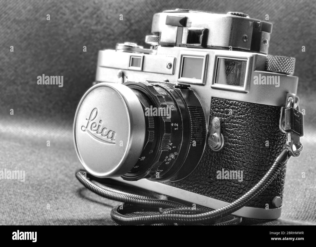Rome,Italy - May 19, 2020: Retro design of used vintage mythic camera  Leica M2 with light-meter, Leica M2 is a 35 mm rangefinder camera by Ernst Leit Stock Photo