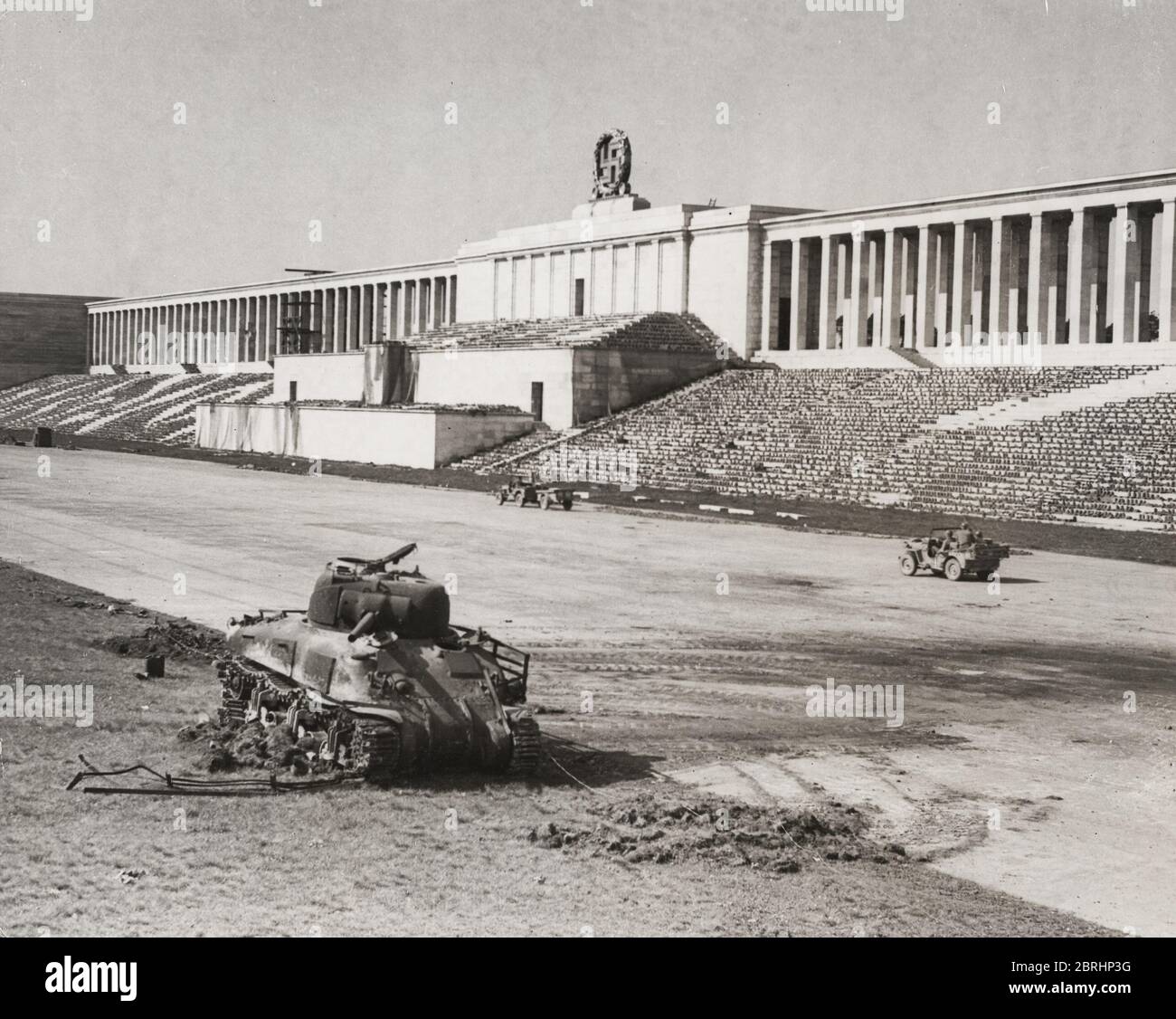 Vintage photograph World War II - Hitler Nazi Nuremberg rally ground, designed by Albert Speer, following liberation by the Allies. Stock Photo