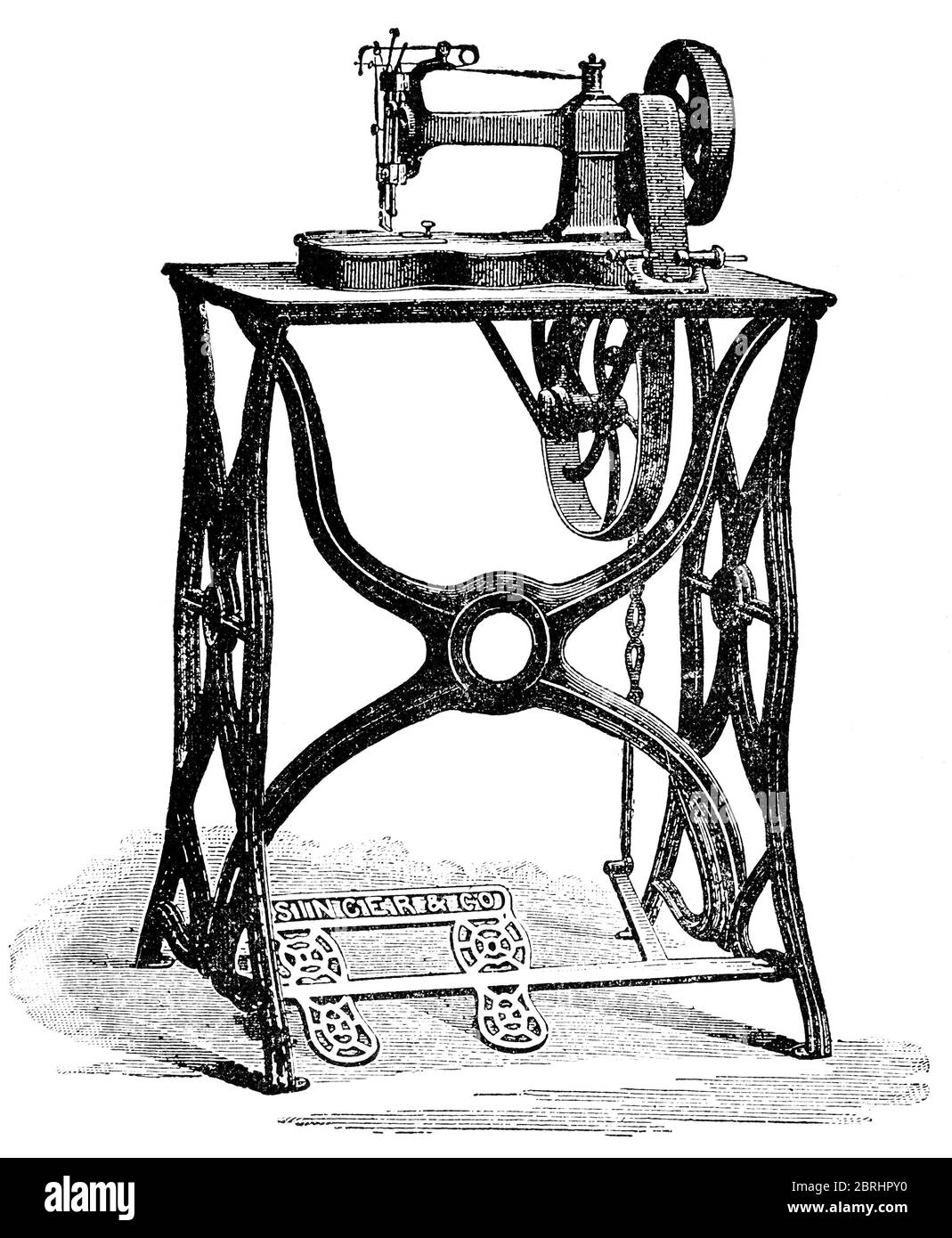 The second model is a Singer sewing machine. Illustration of the 19th century. White background. Stock Photo