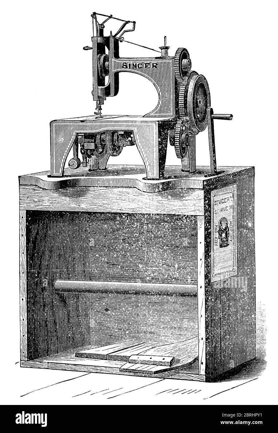 The first Singer sewing machine. Illustration of the 19th century. White background. Stock Photo