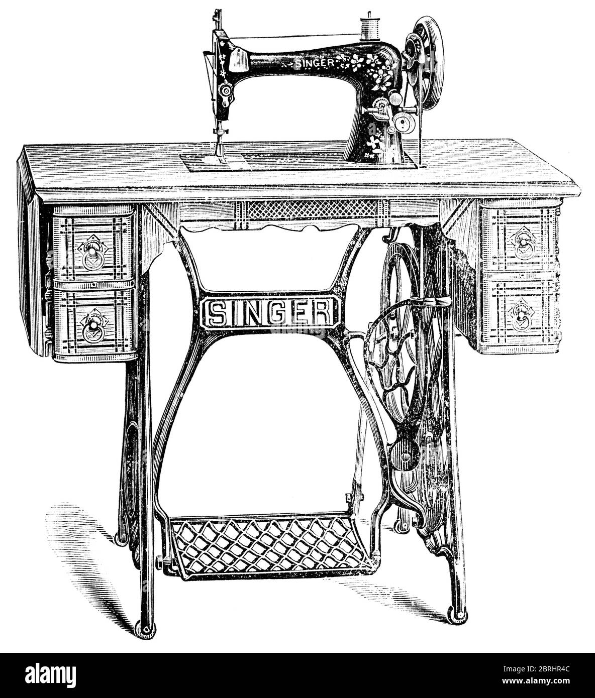 The vibrating shuttle model of Singer sewing machine. Illustration of the 19th century. White background. Stock Photo
