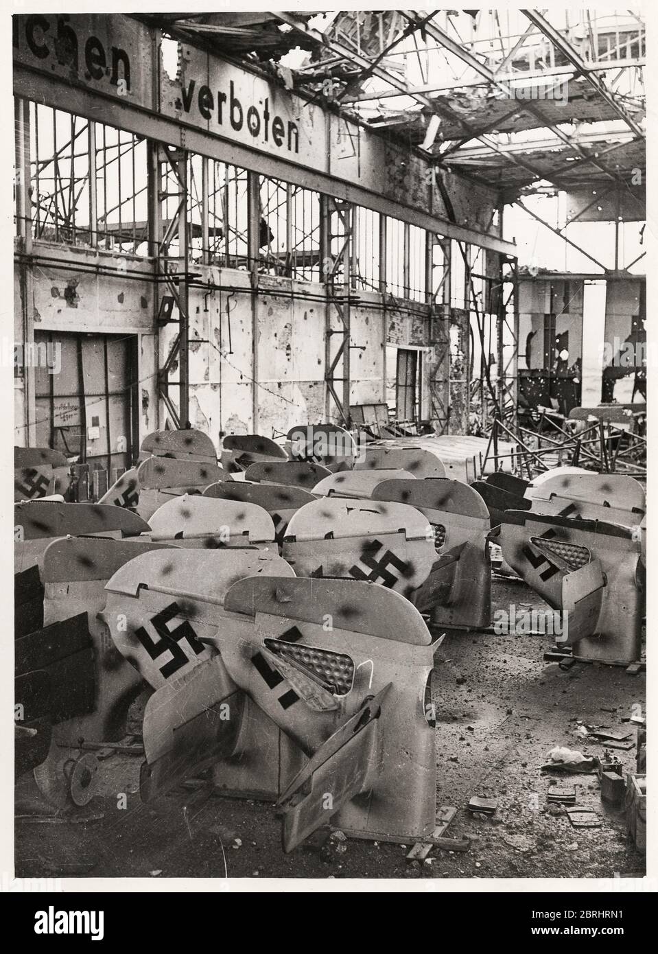 Vintage photograph World War II - partly assembled Focke-Wulf 190 aircraft in the company's Bremen factory, following RAF bombing Stock Photo
