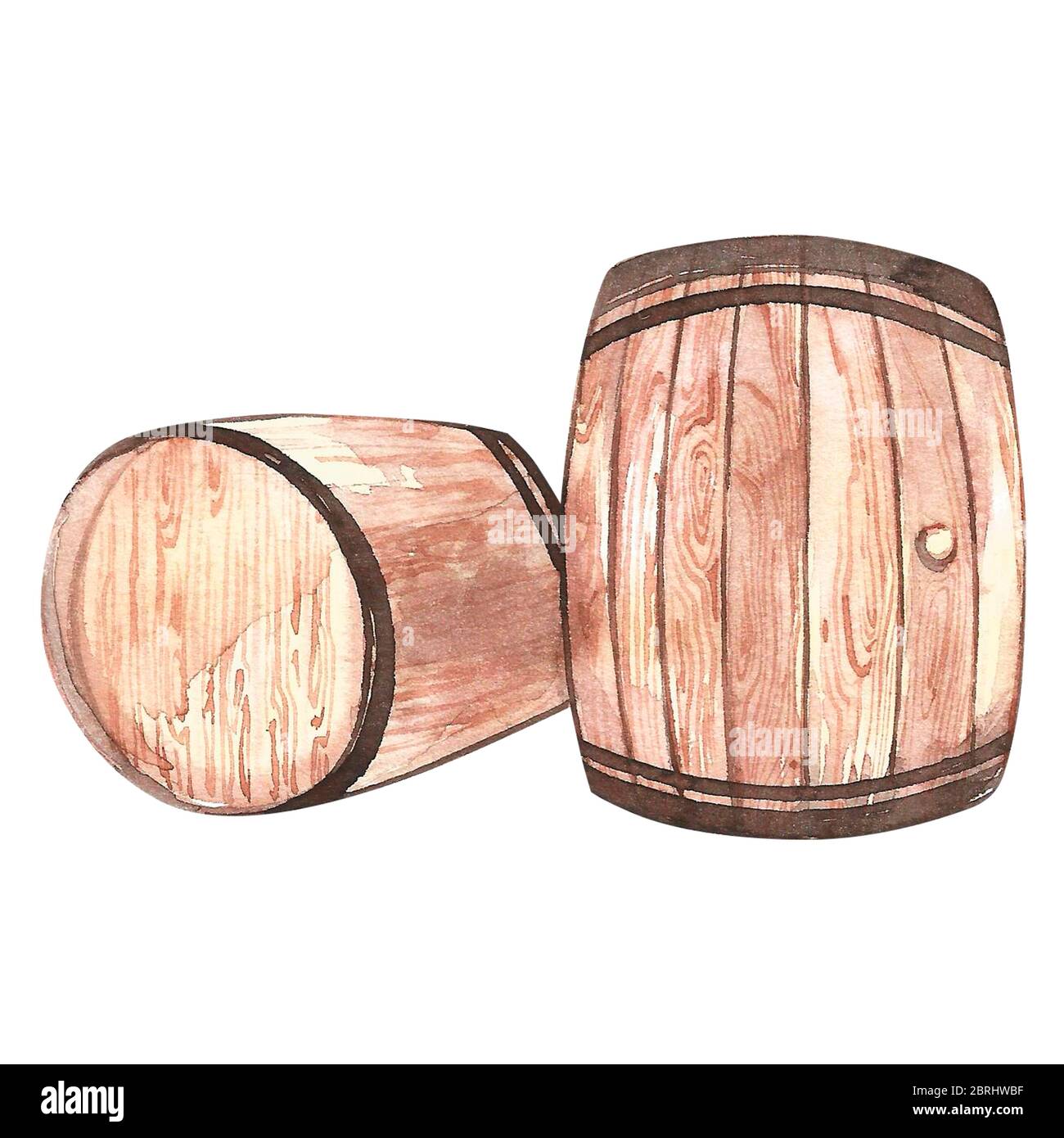 Set of wooden barrels, sketch style watercolor illustrations isolated ...
