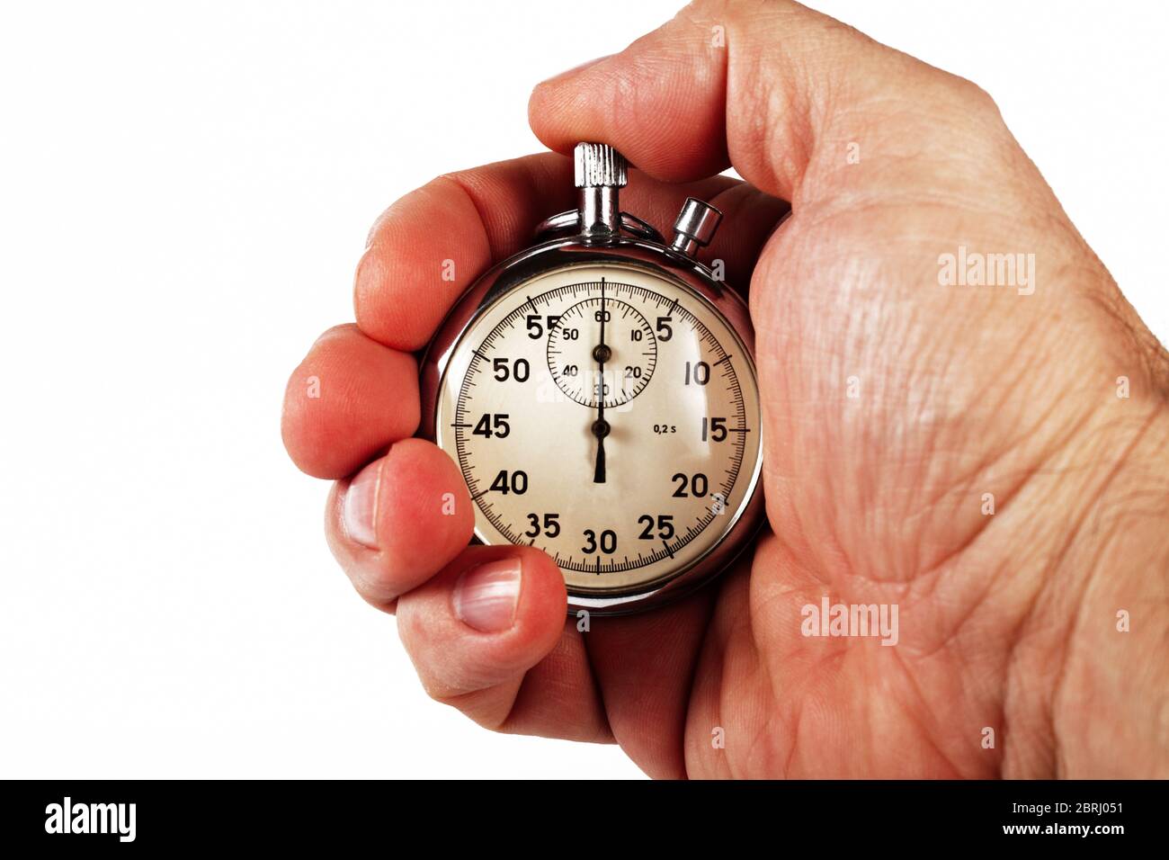 Hand of a sports coach with a stopwatch, white background, isolate