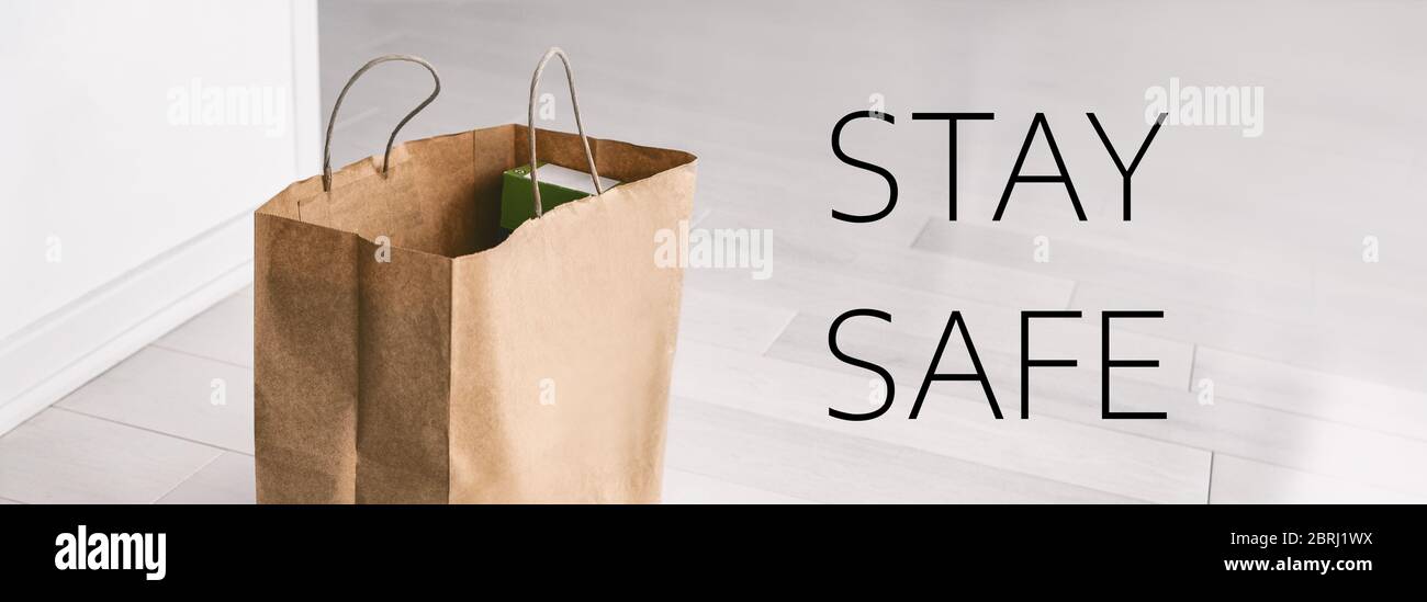 Home Delivery Stay Safe Banner Sign During Corona Virus Covid 19 Contactless Online Shopping Grocery Bag At Entrance Door Panoramic Stock Photo Alamy