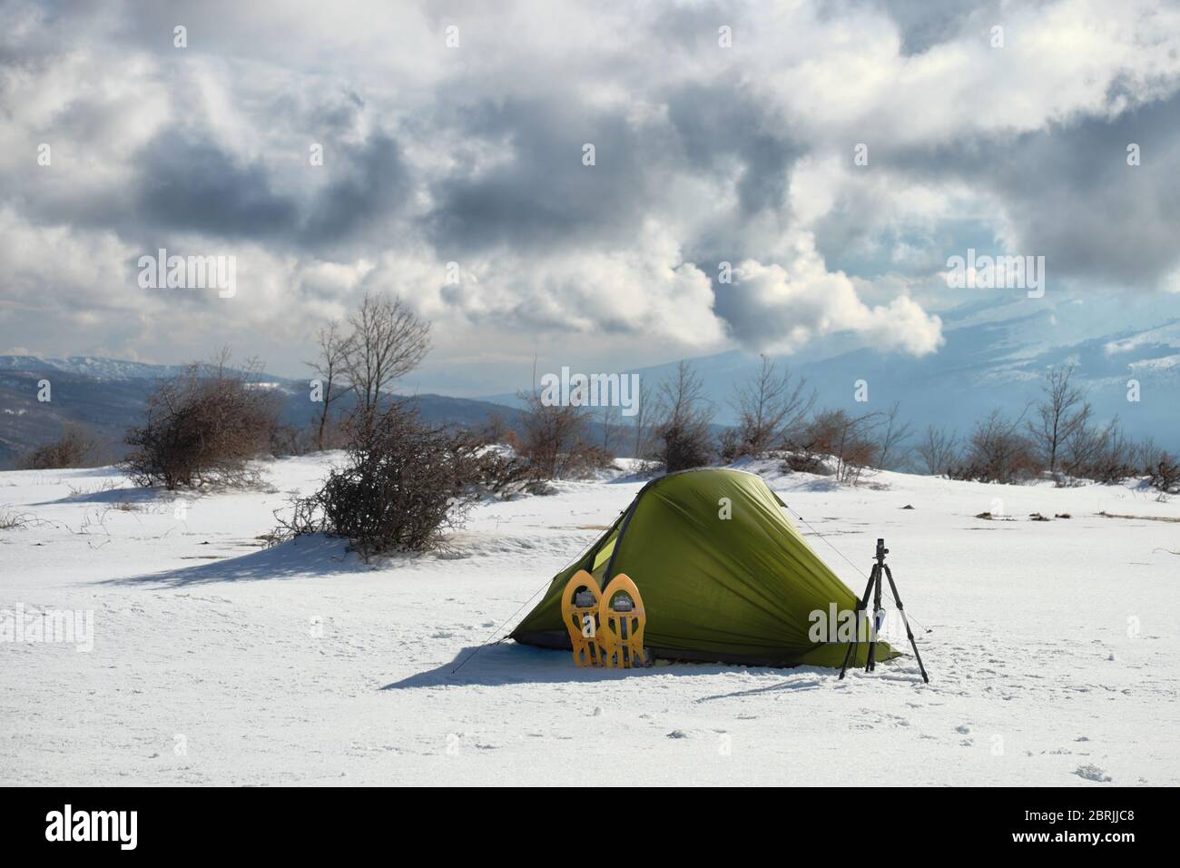 Wild Camp In Tent On The Snow Of Nebrodi Park Natural Landmark In Sicily On Background Blurred Dramatic Sky Stock Photo Alamy