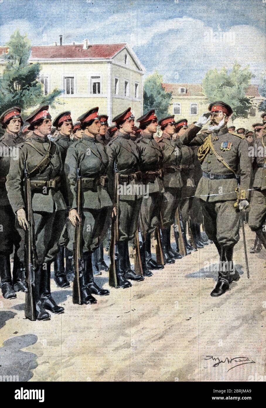 A Petrograd, le gouverneur général Pelozoff passe en revue le premier détachement de femmes volontaires qui sera envoyé sur le front. Ill. de Beltrame Stock Photo