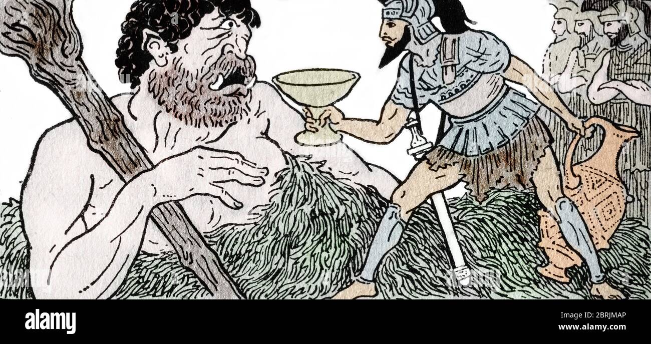 Odyssee d'Homere : 'Ulysse offre une coupe de vin a Polypheme, le cyclope' (Odyssey of Homer : Odysseus offers a cup of wine to Polyphemus, the Cyclop Stock Photo