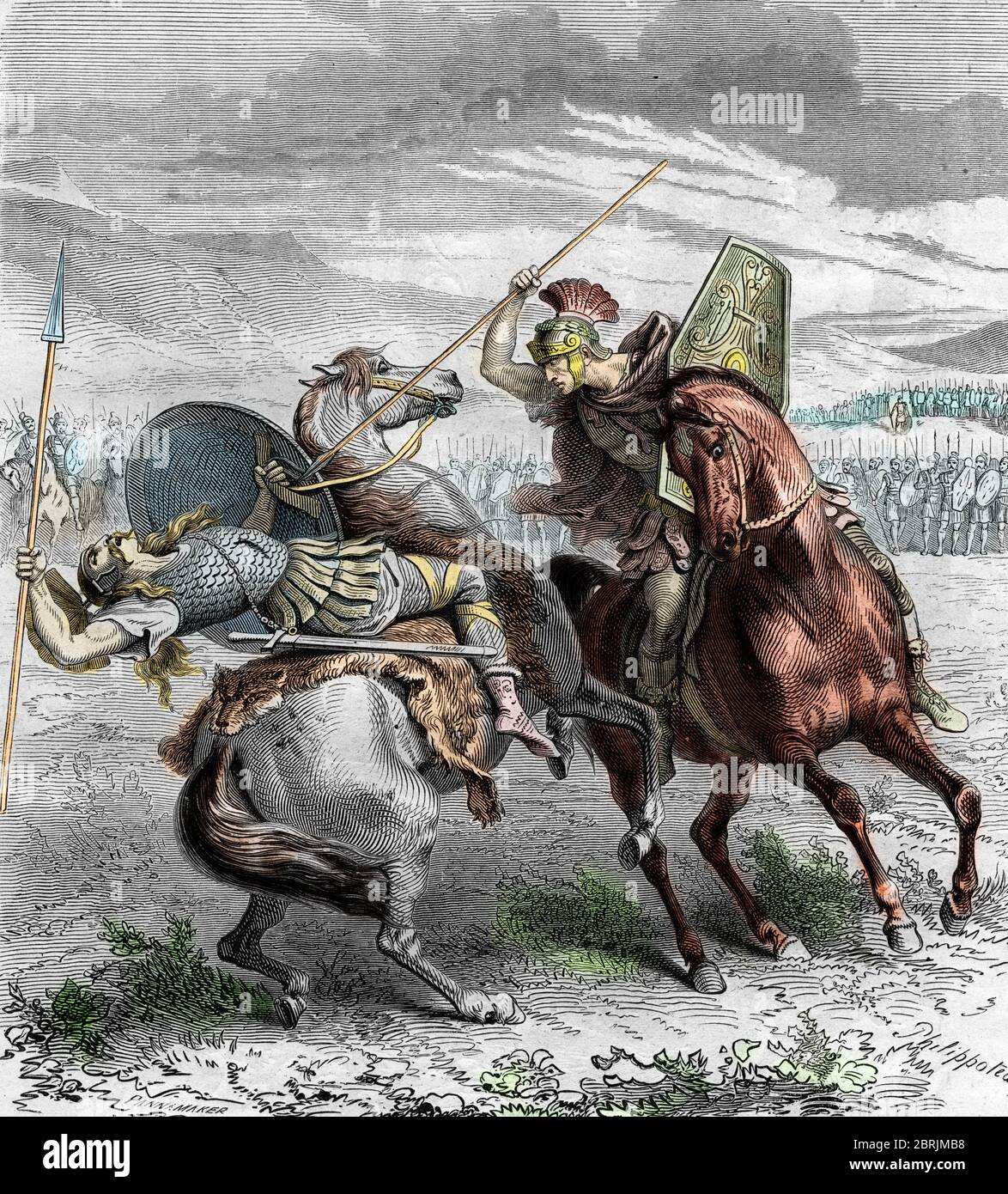 Conquete de la Gaule : 'Combat opposant le chef des gaulois Gesates Viridomaros (ou Britomaros ou Britomartus ou Virdumarus ou Viridomar) au consul et Stock Photo