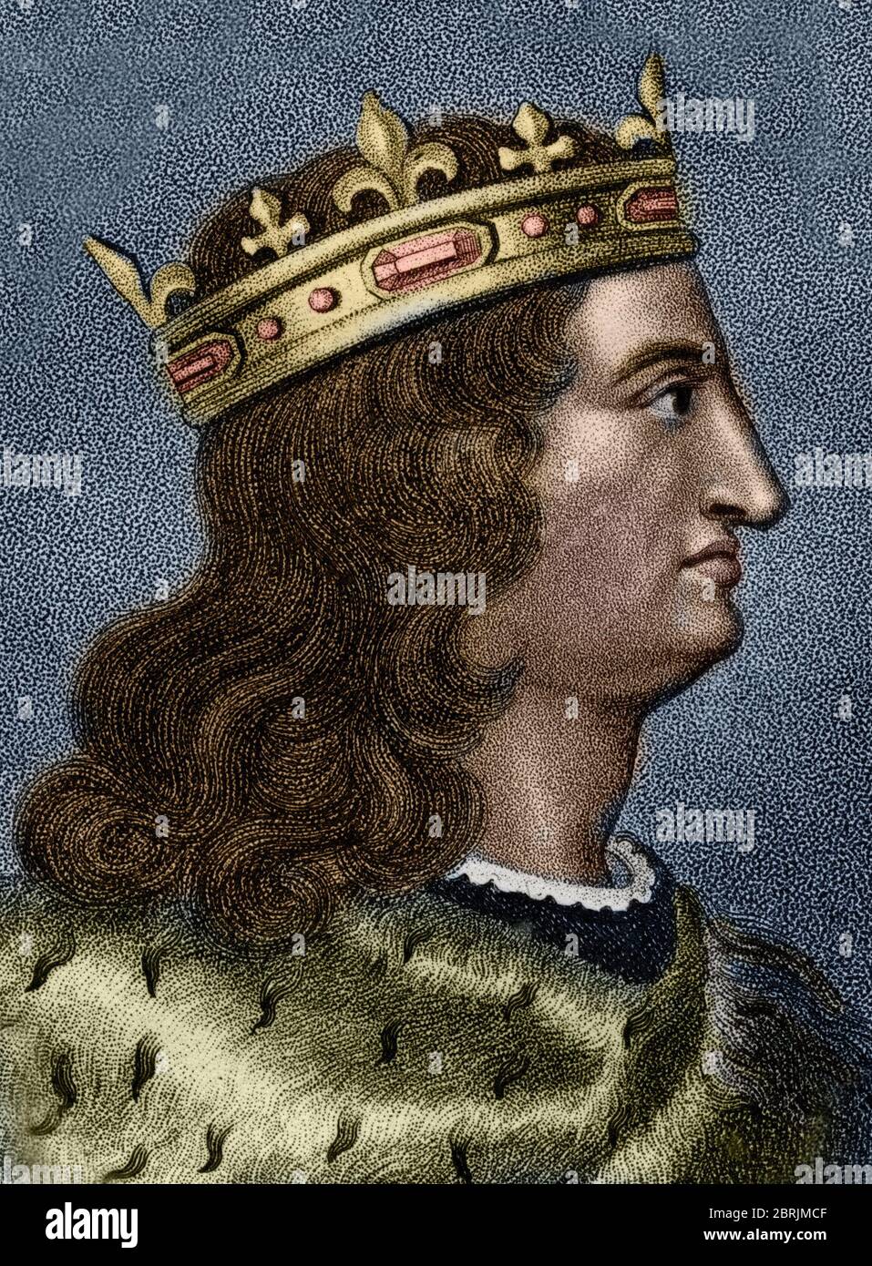 'Portrait du roi de France Louis IX (1215-1270) (Saint Louis)' (Portrait of french king Louis 9) Gravure du 19eme siecle Collection privee Stock Photo