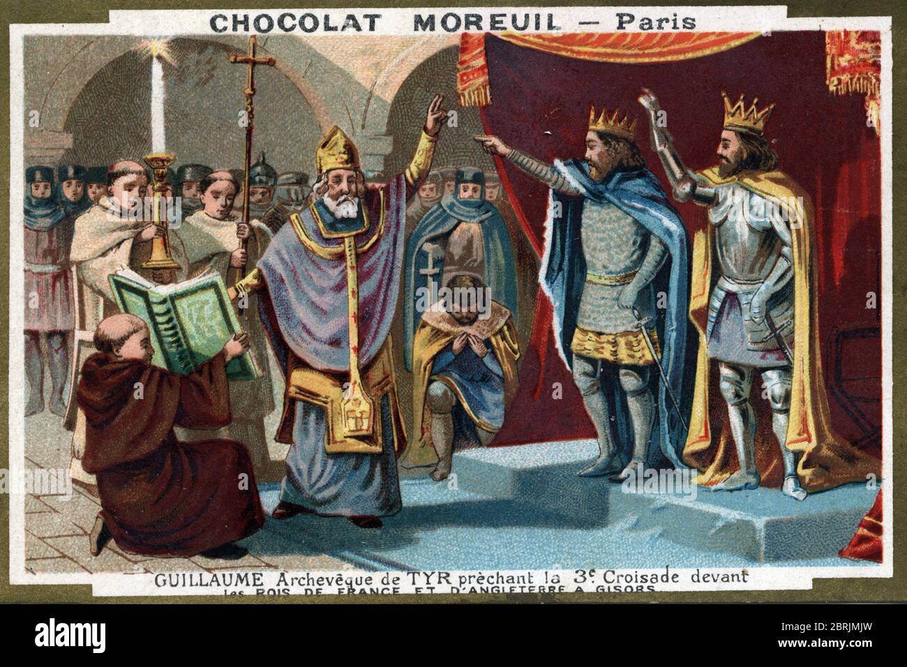 'Representation de Guillaume de Tyr (1130-1184) prechant une nouvelle croisade aupres du roi de France Philippe Auguste et du roi d'Angleterre Henri I Stock Photo