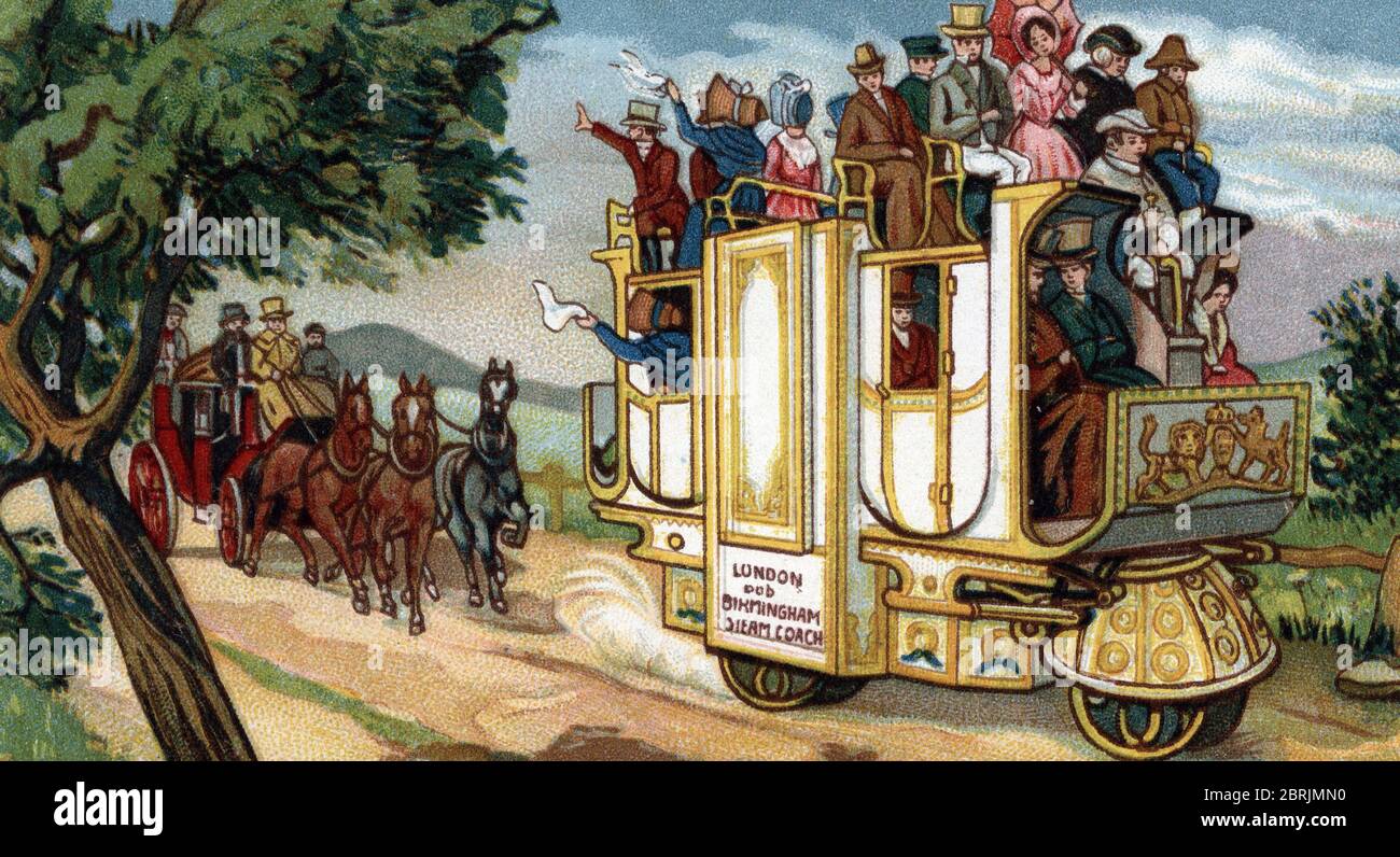 Histoire des transports : l'omnibus a vapeur reliant Birmingham a Londres, Grande Bretagne (Story of the transport : steam stagecoach connecting Londo Stock Photo