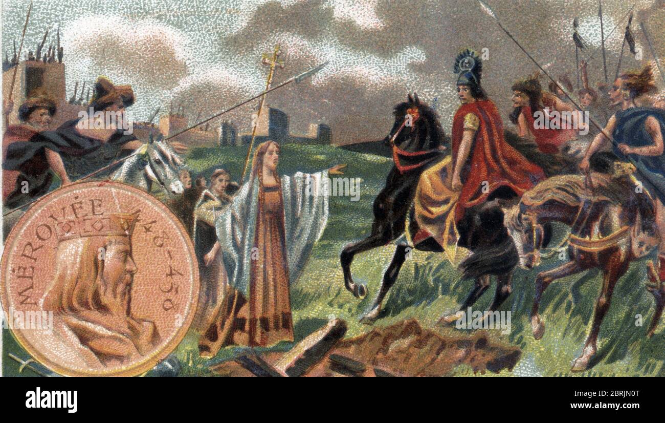 Grande invasion barbare (405-451) : sainte Genevieve (422-502) face au roi des Huns Attila (395-453) (Attila the Hun in front of Saint Genevieve in Pa Stock Photo
