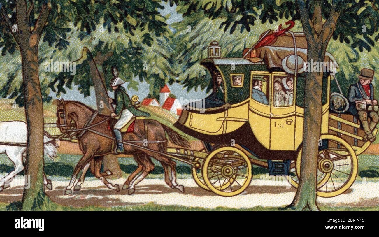 Histoire des transports : une famille de la grande bourgeoisie hollandaise se deplacant dans sa voiture particuliere tiree par quatre chevaux, 19eme s Stock Photo