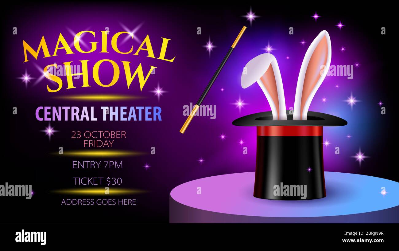 Magical show ticket, poster or flyer with bunny ears in hat. Illusionist performance invitation design with mock up. Vector illustration in flat style Stock Vector