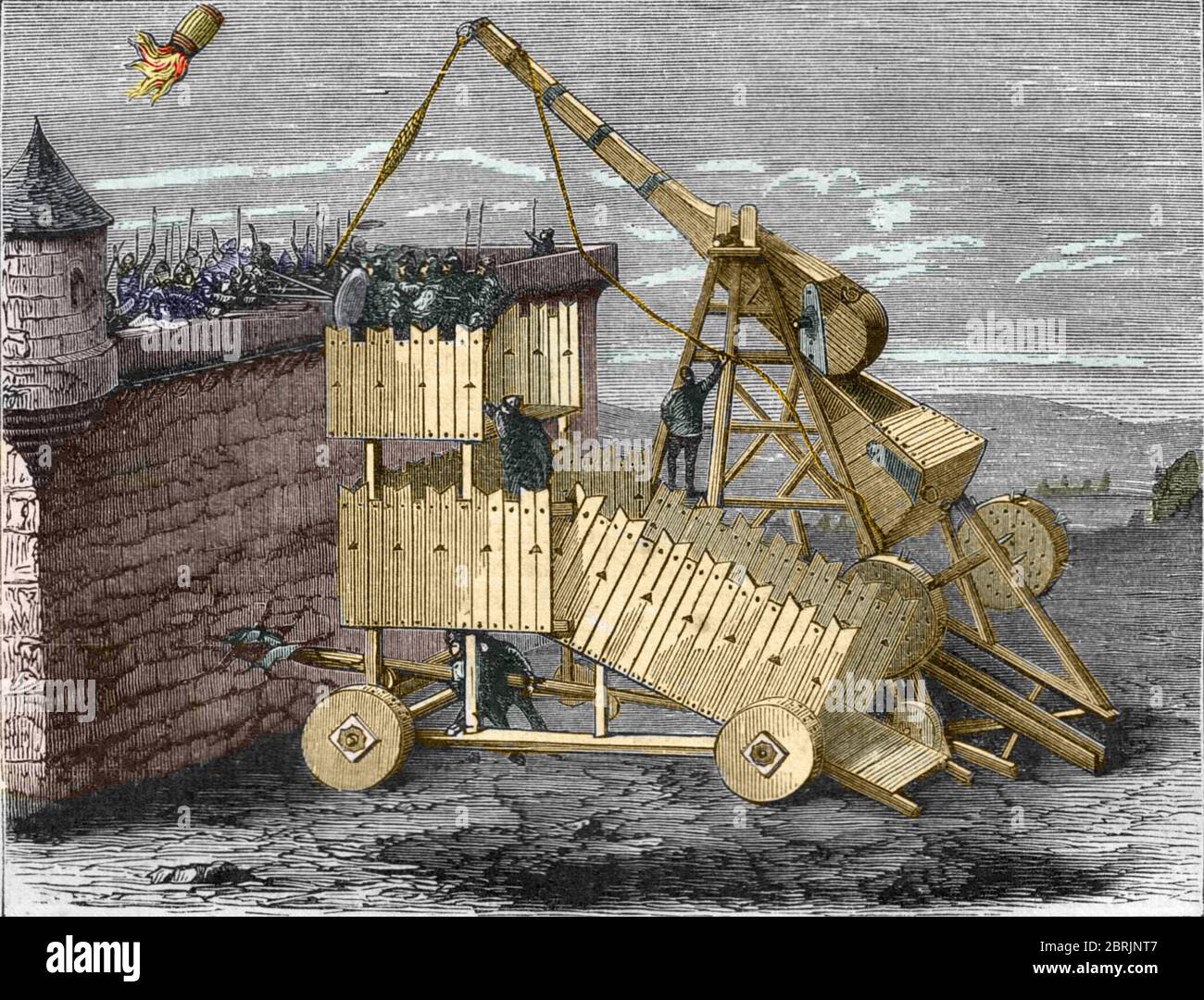 Utilisation du feu gregois (avant l'invention de la poudre a canon) : une  catapulte bombardant le feu gregeois sur une forteresse ennemie, 13eme  siecl Stock Photo - Alamy