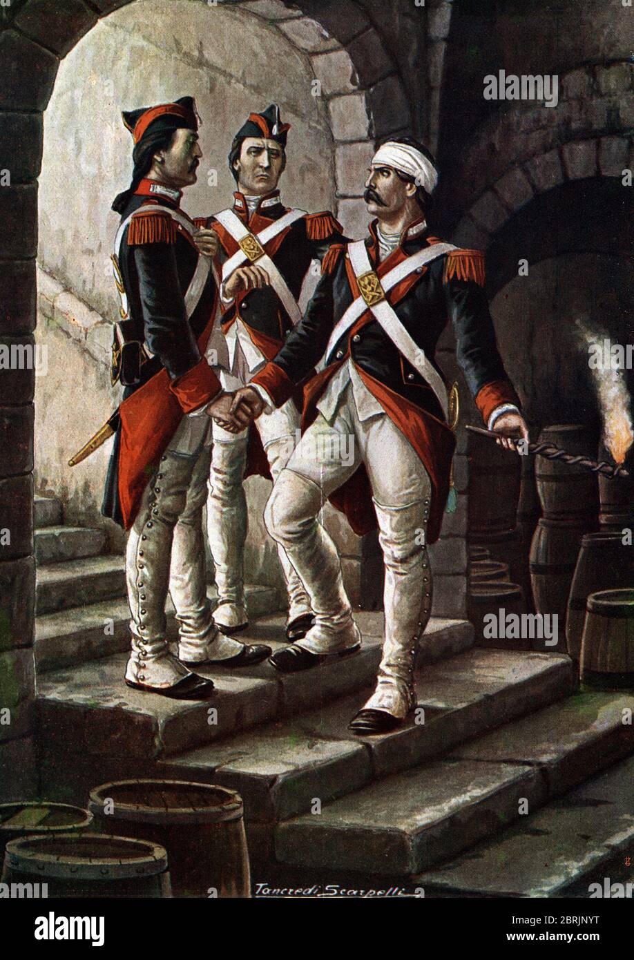Guerre de Succession d'Espagne : representation du mineur soldat piemontains Pietro (Pierre) Micca (1677-1706) s'appretant a faire exploser un baril d Stock Photo
