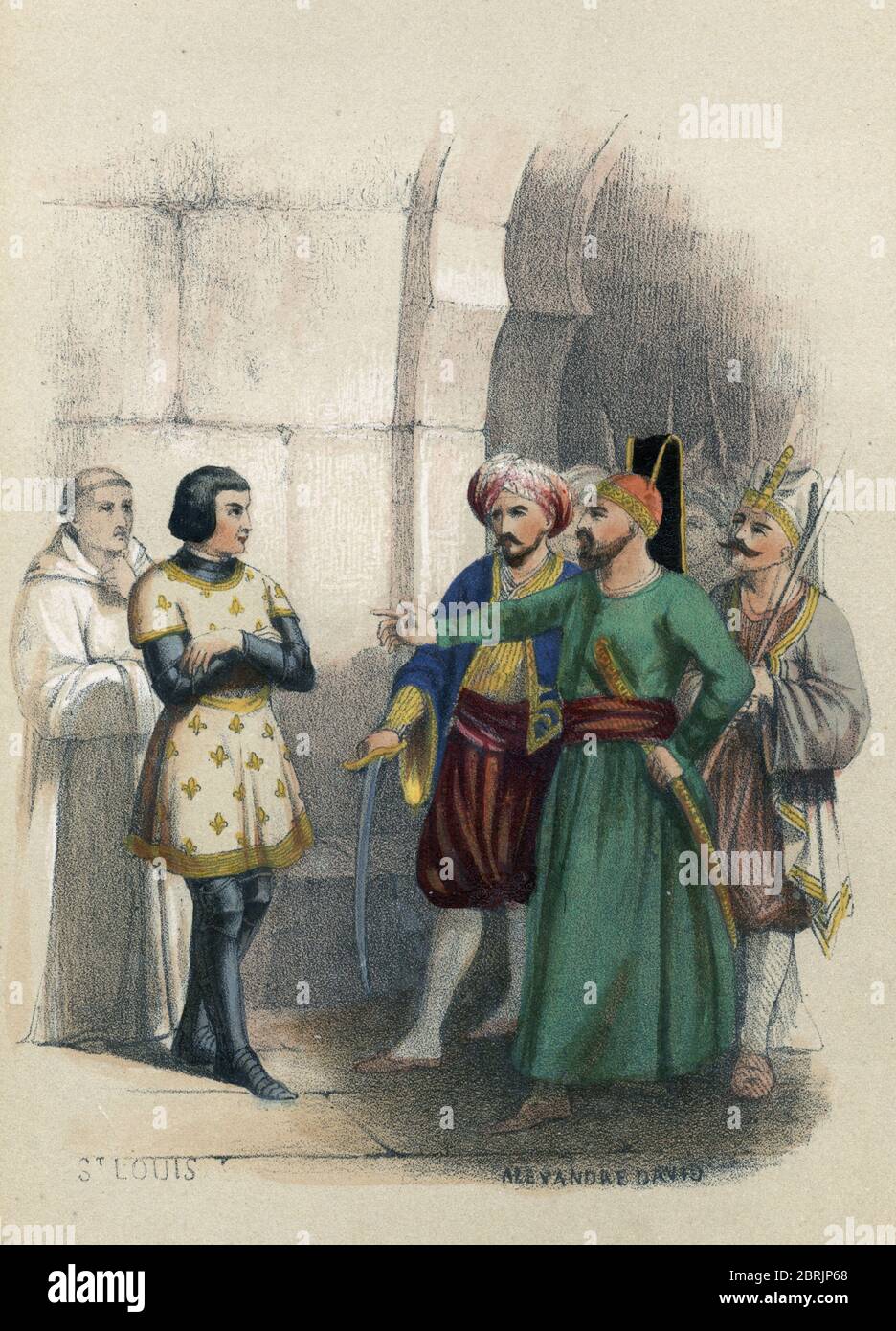 Septieme croisade : 'Representation du roi Louis IX (saint Louis) (1214-1270) face a six turcs cherchant a le faire prisonnier, 1249' (King Louis IX f Stock Photo