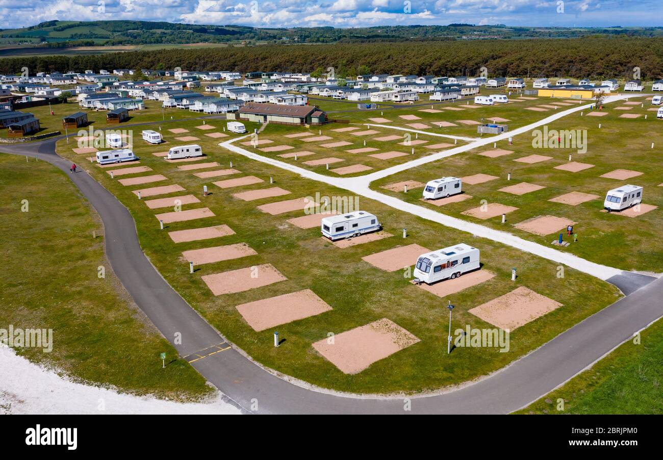 Aerial view of empty caravan pitches at Elie Holiday Park near Elie in