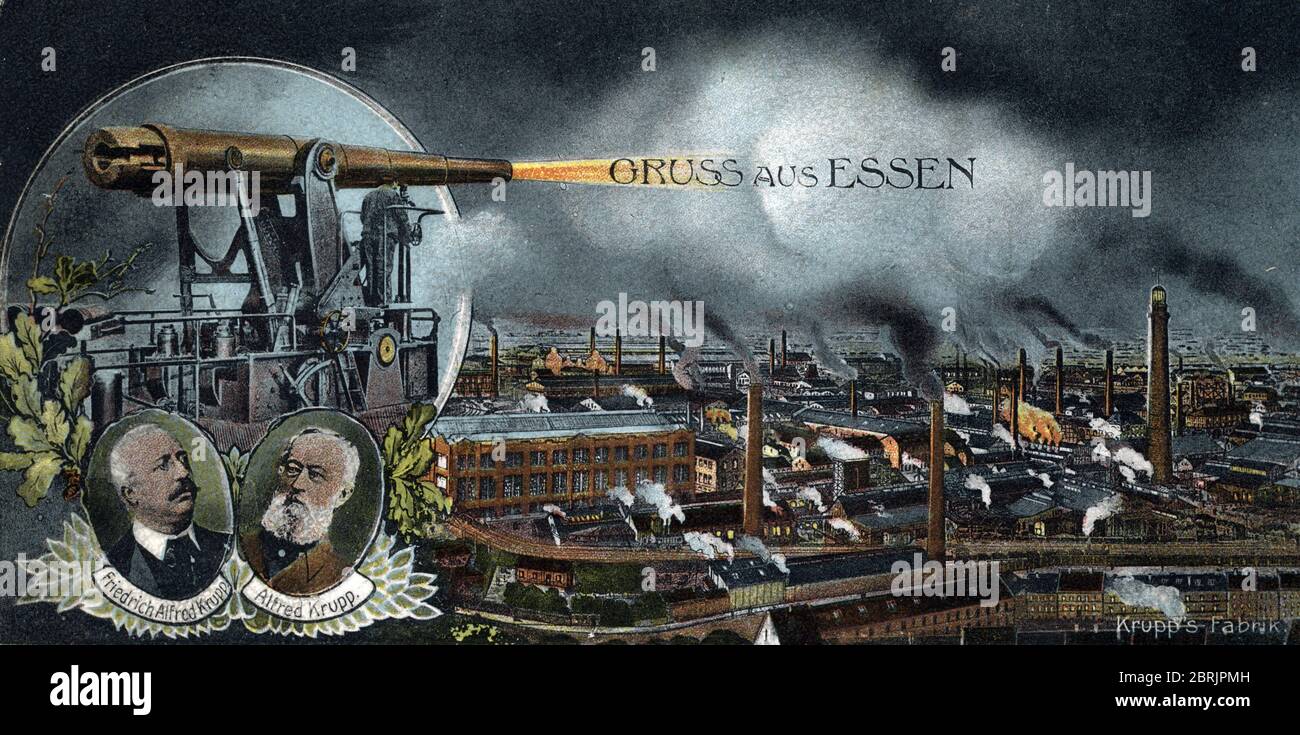 Vue sur le site des usines Krupp a Essen, Allemagne produisant des canons, portrait d'Alfred et Friedrich Alfred Krupp, 1908 (View of industrial site Stock Photo